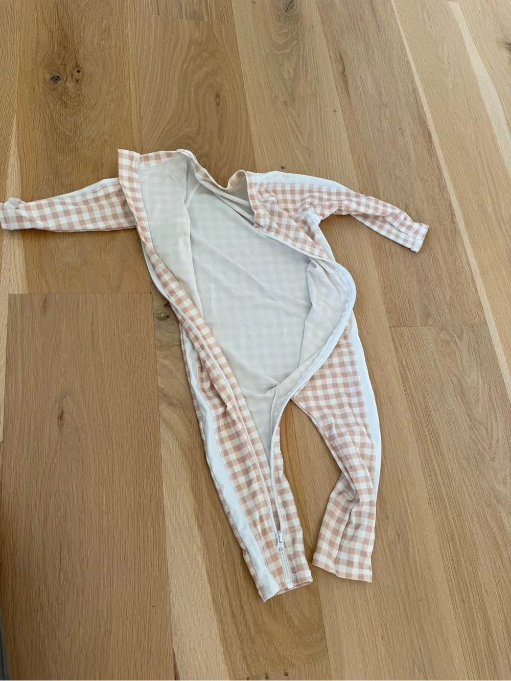 Kids Long-Sleeve Zip Rashguard One-Piece in Light Pink Gingham 3/4T
